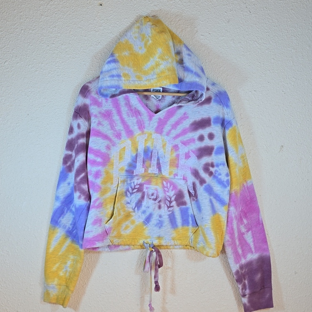 Victorias Secret Pink Tie Dye Fleece Cropped Pullover Hoodie Sweater Top Sz S